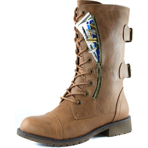 DailyShoes Women's Military Combat Lace up Mid Calf High Credit Card Knife Money Wallet Pocket Boots