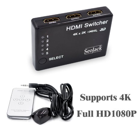 SeoJack Intelligent 5-Port Full HD1080p HDMI Switch，Supports 4K and 3D Switcher with IR Remote and AC Adapter