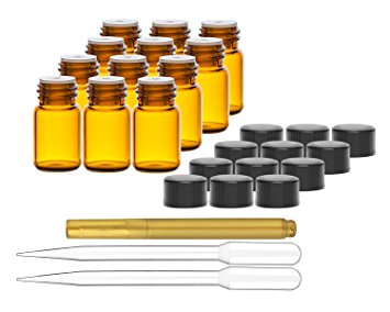 Culinaire 12 Pack Of 2 ml Amber Glass Bottles with Orifice Reducers and Black Caps & (2x) 3 ml Droppers with Gold Glass Pen included