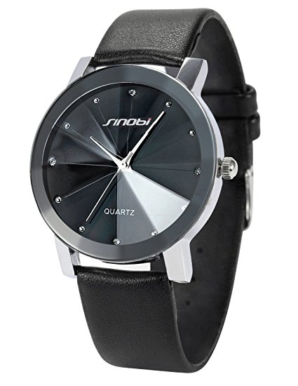 SINOBI Crystal Elegant Men's Women Black Quartz Leather Wrist Quartz Watch Gift SNB021