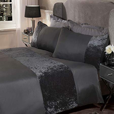 Sienna Crushed Velvet Panel Band Duvet Cover with Pillow Case Bedding Set - Charcoal Grey, Double