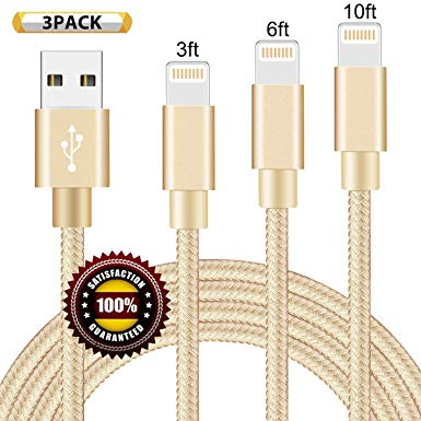 BULESK Phone Cable 3Pack 3FT 6FT 10FT to USB Syncing Data Nylon Braided Phone Charger Cable Compatible Phone X/8/8Plus/7/7Plus/6/6Plus/6s/6sPlus/5/5s/5c/SE - Gold