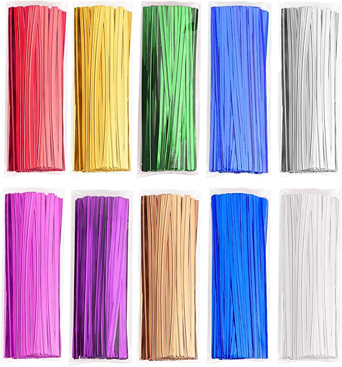 1000 Pcs Metallic Twist Ties 10 Colors Twist Tie 4" Bread Ties Twist Ties for Bags Foil Twist Ties Bag Ties Colorful Twist Ties for Party Gift Wrapping Bags Cellophane Treat Bags Bread Candy Bags