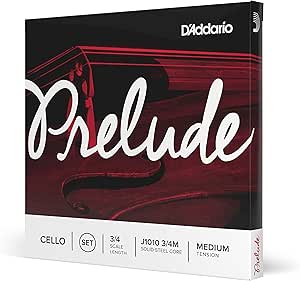 D'Addario J1010 Prelude Cello String Set, 3/4 Scale Medium Tension (1 Set) –Solid Steel Core, Warm Tone, Economical, Durable – Educator’s Choice for Student Strings – Sealed Pouch Prevents Corrosion