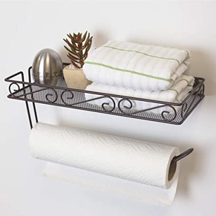 Home Basics PH49448, Bronze Scroll Collection Wall Mounted Paper Holder with Basket, Multi-Purpose Shelf Storage Towels, Toiletries, Supplies
