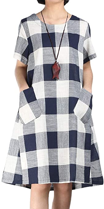 FTCayanz Women's Linen Shirt Dresses Summer Casual Short Sleeve Plaid Tunic Midi Dress