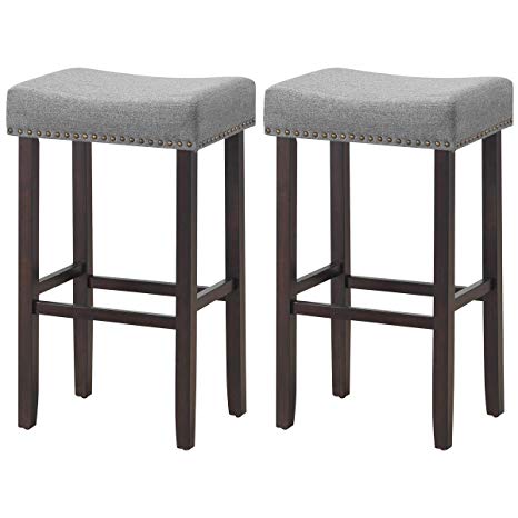 COSTWAY Set of 2 Saddle Bar Stools, 29.5"H Backless Counter Stools with Foot Plate, Brass Nailhead Studs, Upholstered Sponge Cushion & Solid Rubber Wooden Legs, Contemporary, Classical, Elegant Modern