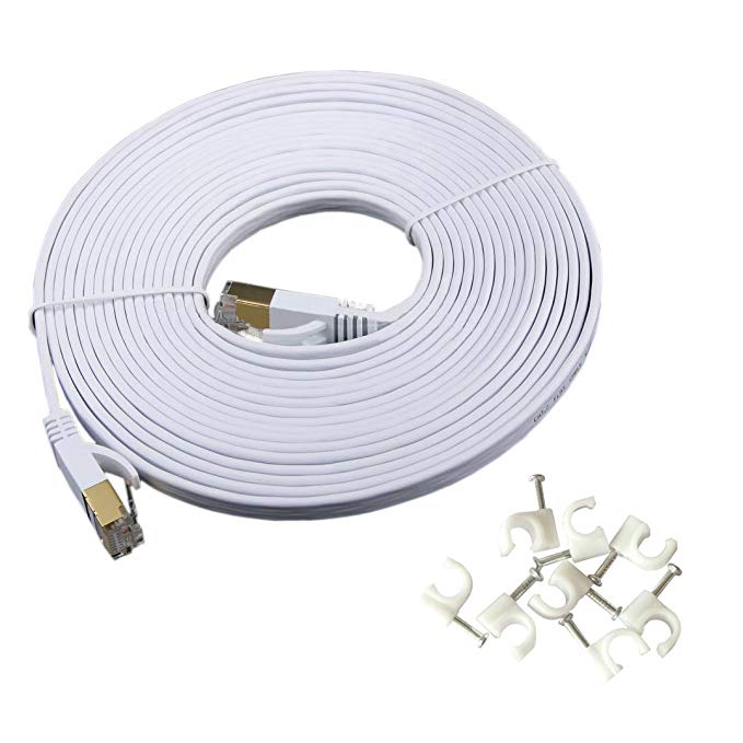HANYUN CAT7 Double Shielded (SSTP) 10 Gigabit 600MHz Ethernet LAN Network Flat Cable High Speed Patch Cord - Built with Gold Plated & Shielded RJ45 Connectors (16ft/5m, White)