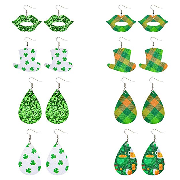 Omerker 8-20 Pairs Lightweight Faux Leather Earrings Teardrop Green Clover Earrings Set Saint Patrick's Day Gift for Women Girls