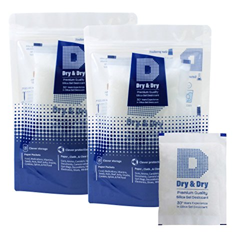 100 Gram Pack of 10 "Dry & Dry" Premium Pure & Safe Silica Gel Packets Desiccant Dehumidifiers - Rechargeable Fabric
