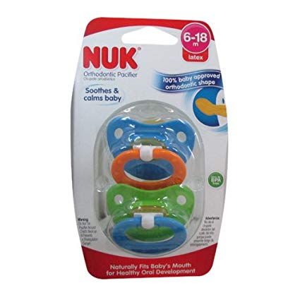 NUK Natural Shape Orthodontic Pacifiers, Latex, 6-18 Months Colors May Vary 2 ea