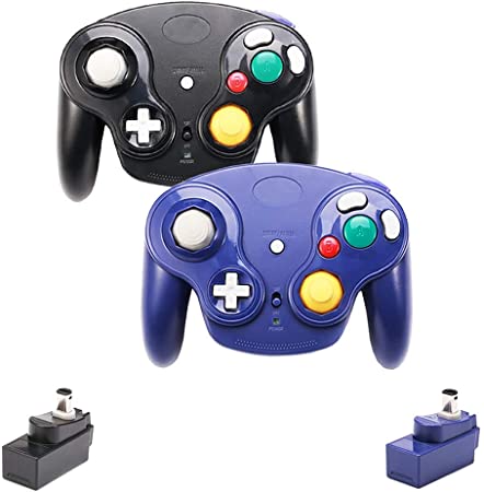 VTone Upgraded Classic 2.4G Wireless Gamecube Controller with Receiver Adapter for Wii U Gamecube NGC GC (Black and Dark Blue)