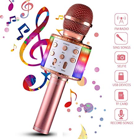 Wireless Karaoke Microphone, 4 in 1 Bluetooth Handheld Portable Speaker Home KTV Player with Dancing LED Lights Record Function for Kids Party Singing, Compatible with Android & iOS Devices