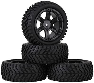 Mxfans Black Plastic 6-Spoke Wheel Rims   Black 70mm Diameter Beard Pattern Rubber Tires for RC 1:10 On Road Racing Car Pack of 4