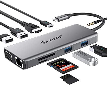 USB C Hub, Type C Hub, TOTU 11-in-1 Adapter with Ethernet, 4K USB C to HDMI, VGA, 2 USB3.0 2 USB2.0, Micro SD/TF Card Reader, Mic/Audio, USB-C Pd 3.0, Compatible for Mac Pro and Other Type C Laptops