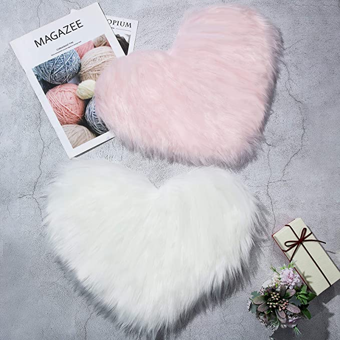 2 Pieces Fluffy Faux Sheepskin Area Rug Heart Shaped Rug Fluffy Room Carpet for Home Living Room Sofa Floor Bedroom, 12 x 16 Inch (White and Pink)