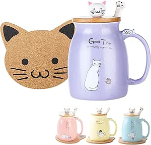 Cute Cat Mug Ceramic Coffee Cup with Lovely Kitty lid, cat paw Spoon and Coaster, Morning Tea Milk Cup for girls women Christmas Birthday Gift Mug 380ML (Purple)