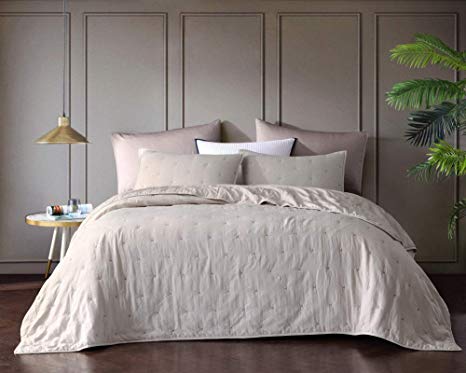 Bourina Reversible Quilt Coverlet Set Queen - Pre-Washed Microfiber Ultra Soft Lightweight Star Quilted Bedspread 3-Piece Quilt Set, Beige