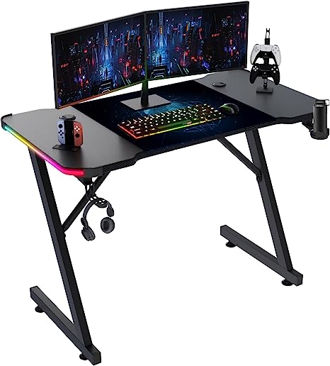 Homall RGB Gaming Desk 120 x 60 cm PC Computer Desk Carbon Fiber Coated with LED Lights PC Gamer Table for Home Office with Mouse Pad, Cup Holder and Headphone Hook, Black