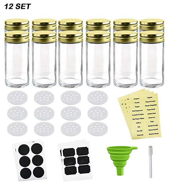 Nellam French Round Glass Spice Jars – Set of 12 with Shaker Lids and Chalkboard Sticker Labels, Small 4oz Bottles - Stackable Herbs and Spices Containers - Decorative Organizers in Gold