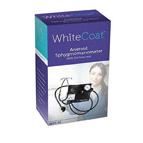 White Coat Deluxe Aneroid Sphygmomanometer Professional Blood Pressure Monitor with Adult Sized Black Cuff Plus White Coat Stethoscope