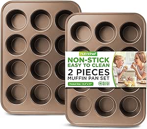 NutriChef 2-Piece Nonstick Muffin Pan Set - Carbon Steel Cupcake Baking Pans with 12 Cups - 15 inch x 11 inch Baking Tray Set - Gold