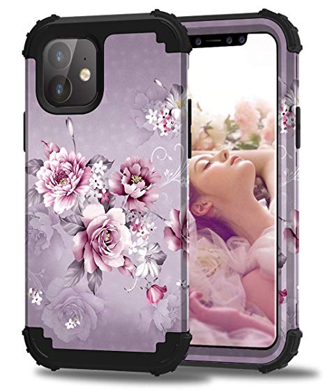 Hocase iPhone 11 Case, Heavy Duty Shockproof Protection Hard Plastic Silicone Rubber Bumper Hybrid Protective Phone Case with Floral Design for iPhone 11 (6.1-inch Display) 2019 - Light Purple Flowers