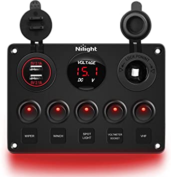 Nilight 5 Gang Multi Function Rocker Switch Backlit Dual USB Charger, Digital Voltmeter, 12V Outlet Pre-Wired Switch Panel with Inline Fuse for RVs Cars Boats Trucks Trailers, Red (90124E)