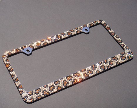 Premium Bling Brown/Black Leopard(Brown Cap-A Type) Crystal Diamond Rhinestone-Metal Chrome License Plate Frame