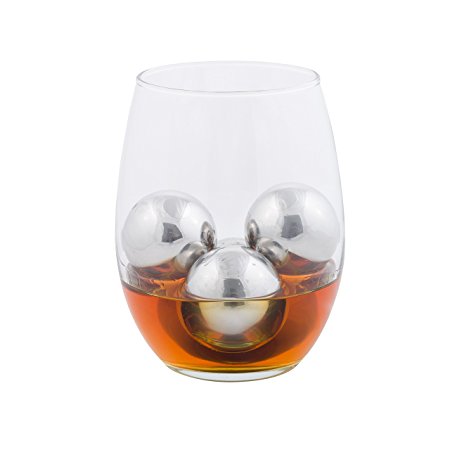 Chill-O Stainless Steel Whiskey Big Ice Balls Set of 4 - BIG BALLS Series - & Slip Free Tongs and Pouch Whiskey Chillers Wine Chillers Beer Chillers Vodka Chillers Champagne Chillers Spirits Chillers