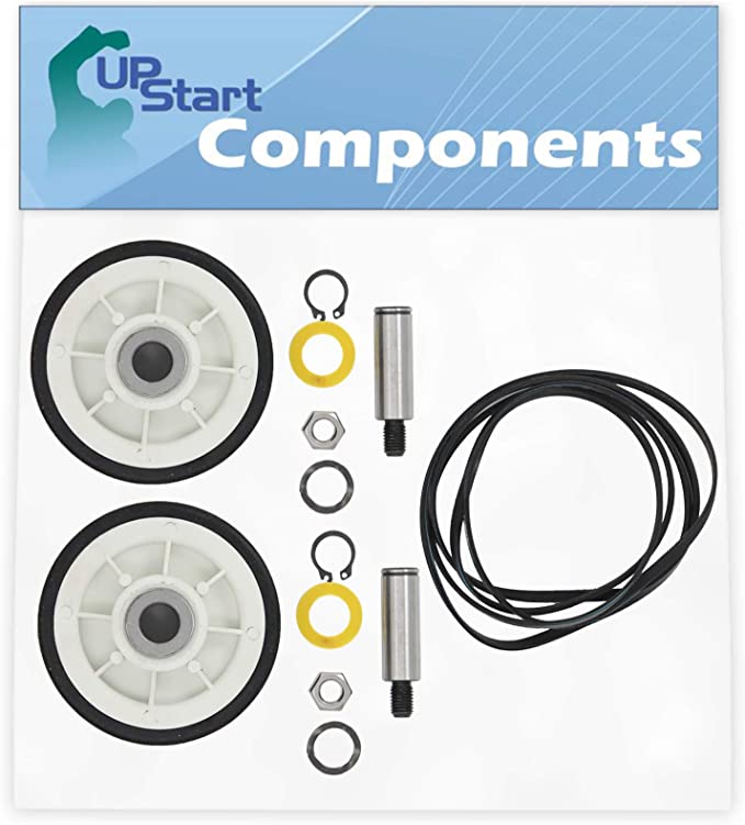 2 12001541 Drum Support Roller Kit & 1 312959 Belt Replacement for Maytag LDE8706ACE Dryer - Compatible with 303373 Drum Roller Wheel & WPY312959 Belt - UpStart Components Brand