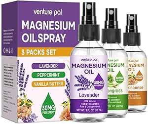 Venture Pal 3 Packs Portable Topical Magnesium Oil Spray for Feet, Fast Absorption, Less Sting, Ultra-Soothing, Relax for Sleep & Muscle