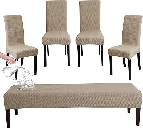 FORCHEER Dining Chair Covers and Bench Covers Set Waterproof Jacquard Chair Slipcover Set of 4 Washable Parsons Chair Slipcover - 4 PCS Chair Cover 1 PC Bench Cover （Waterproof-Light Brown）