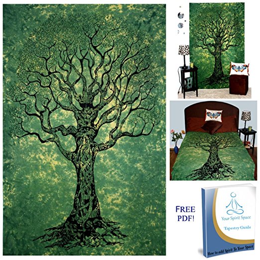 Your Spirit Space (TM) Green Tree of Life Tapestry-Good Luck. Quality For Home or Dorms Psychedelic Hippie Islamic Asian Contemporary Canvas Wall Hanging Art. The Ultimate Bohemian Tapestry Decor