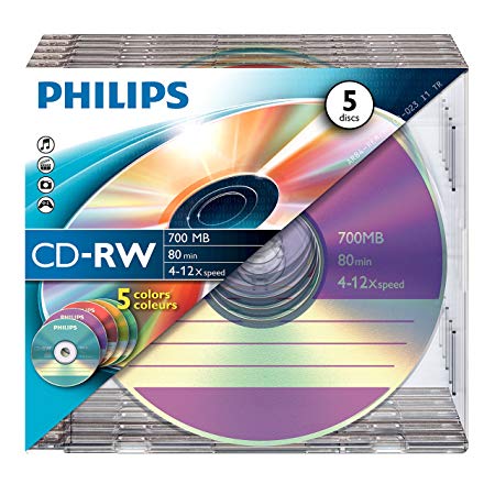Philips CD-RW 80MIN Blank Disc x 5 Jewel Case 700MB 4-12 X Speed