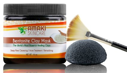 Bentonite Clay Mud Mask with BONUS Konjac Sponge with Activated Bamboo Charcoal and Applicator Brush 9829 Amazing Adult Acne Treatment and Blackhead Remover That Unclogs and Minimizes Pores 9829 Great Skincare Treatment to Use on Face and Body