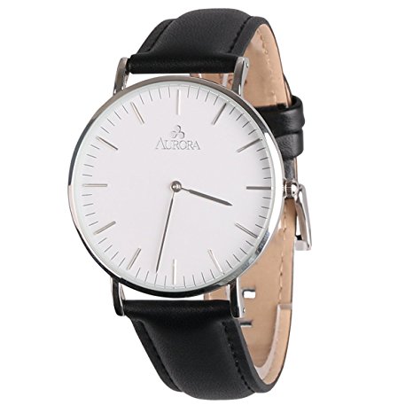 Aurora Men's Unique Casual Business Analog Quartz Waterproof Wrist Watch with Black Leather Band-Silver