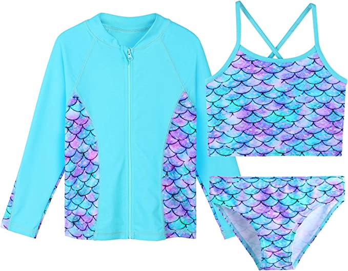 TFJH E Girls Swimsuit SPF UPF 50  UV 3PCS Rash Guard Swimwear Sunsuits Zipper