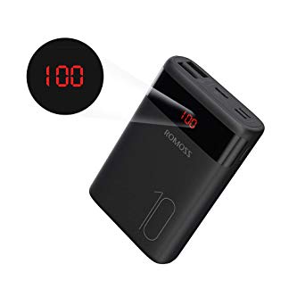 ROMOSS 10000mAh Mini Portable Charger External Battery Packs with Dual USB Output 2.1A LCD Display Perfect Carry for Travel, Compatible for iPhone X 10 8 Plus, Samsung Galaxy S8, Tablets More(Black)