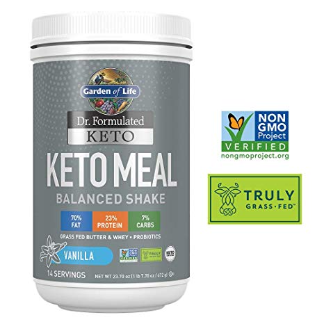 Garden of Life Dr. Formulated Keto Meal Balanced Shake - Vanilla Powder, 14 Servings, Truly Grass Fed Butter & Whey Protein plus Probiotics, Non-GMO, Gluten Free, Ketogenic, Paleo Meal Replacement