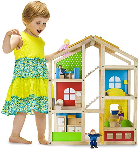 Full Townhome Dollhouse Set - Premium Wooden Doll Home with 16 Pieces of Furniture and 4 Loving Family Member Dolls - Great for Pretend and Imaginative Play