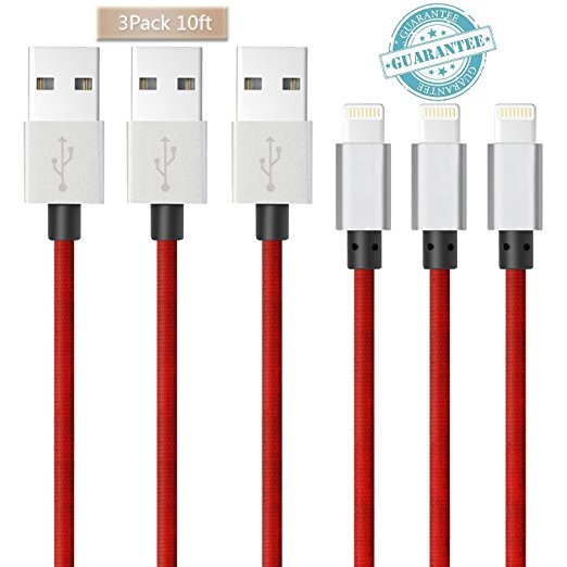 Lightning Cable - 3Pack 10FT, DANTENG Extra Long iPhone Cable - Nylon Braided 8 Pin to USB Cord for iPhone 7,6s,6 Plus,SE,5s,5,Pad,iPod(Red)