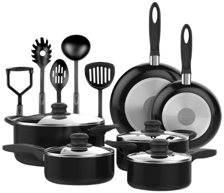 VREMI 15 pcs Non Stick Black Cookware set Cool Touch Handles Oven Safe PTFE and PFOA free