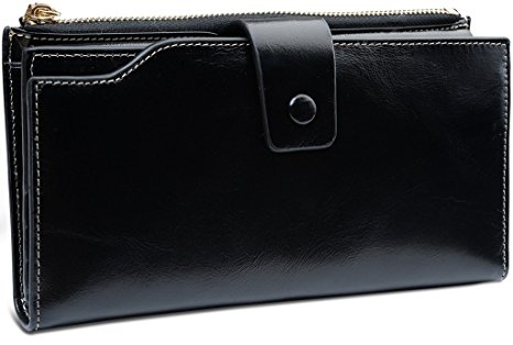 Yaluxe Women's Large Capacity Luxury Wax Genuine Leather Wallet With Zipper Pocket Black