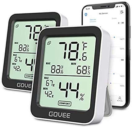 Govee Hygrometer Thermometer 2 Pack, Indoor Bluetooth Humidity Meter with APP Alerts, Room Thermometer with Large LCD Display, Max Min Records, 2-Year Data Storage Export