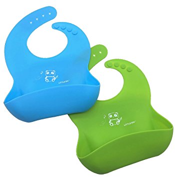 LITTLE Bot Catch-All Soft Silicone Bib - 2 Pack Green/Blue Panda, Waterproof, Comfortable, Easy to clean, Baby/Toddler, Germ-free