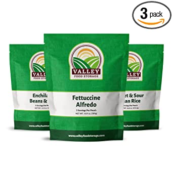 Valley Food Storage Partially Freeze Dried Food | Fettuccine Alfredo, Enchiladas Beans and Rice, Sweet and Sour Asian Rice | Emergency Food Storage | Long-Term Food Storage