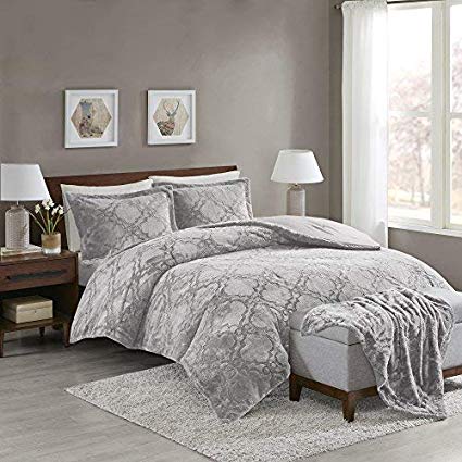 Comfort Spaces - Odessa Comforter Set   Long Fur Throw Combo - 4 Piece - Grey - Snugly Warm and Ultra Soft - King Size, Includes 1 Comforter, 2 Shams