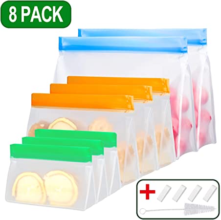Stand up Reusable food Storage Bags(8 Pack),Freezer Ziplock Lunch Bags for Marinate Meats, Snack, Sandwich, Fruit, Travel Items, Cereal, Veggies, Home Organization(2 Large 3 Medium 3 Small)