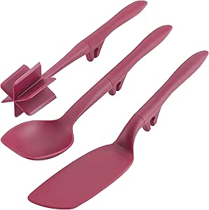 Rachael Ray Tools and Gadgets Lazy Crush & Chop, Flexi Turner, and Scraping Spoon Set / Cooking Utensils - 3 Piece, Burgundy Red